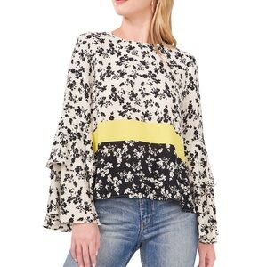 Vince Camuto Women's Printed Tiered-Bell-Sleeve Top White Birch Size Lar…